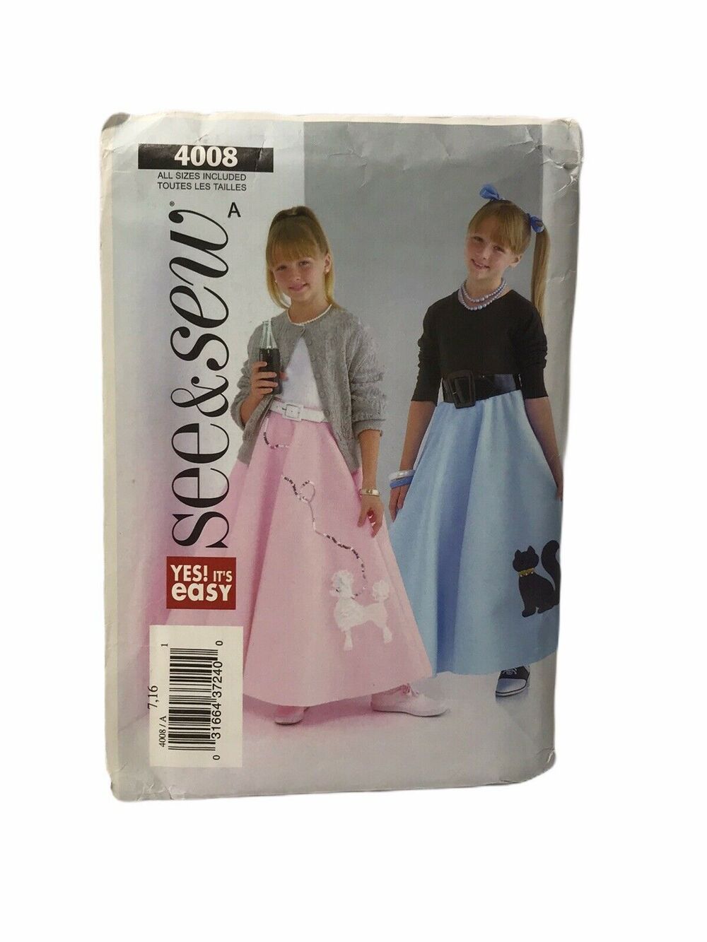 See & Sew 4008 Girls Poodle Skirt and Tiered Skirt sizes 7-16 Uncut Factory Fold